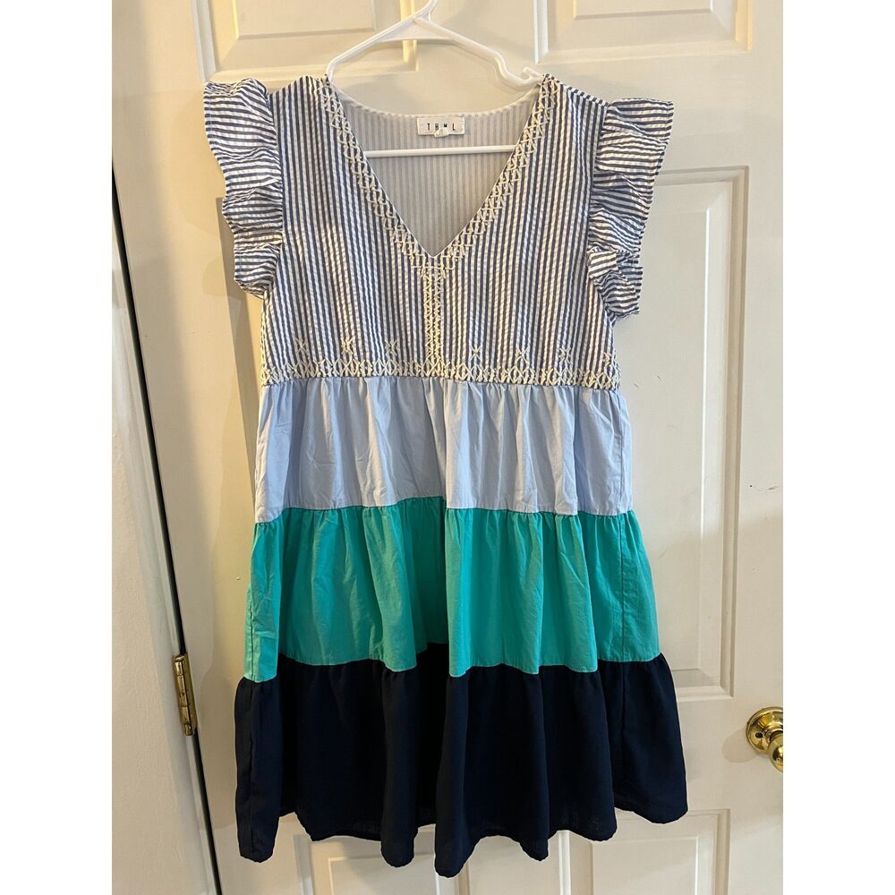 THML Striped Blue Colorblock Ruffle Sleeve Tiered Mini Dress Womens Size S